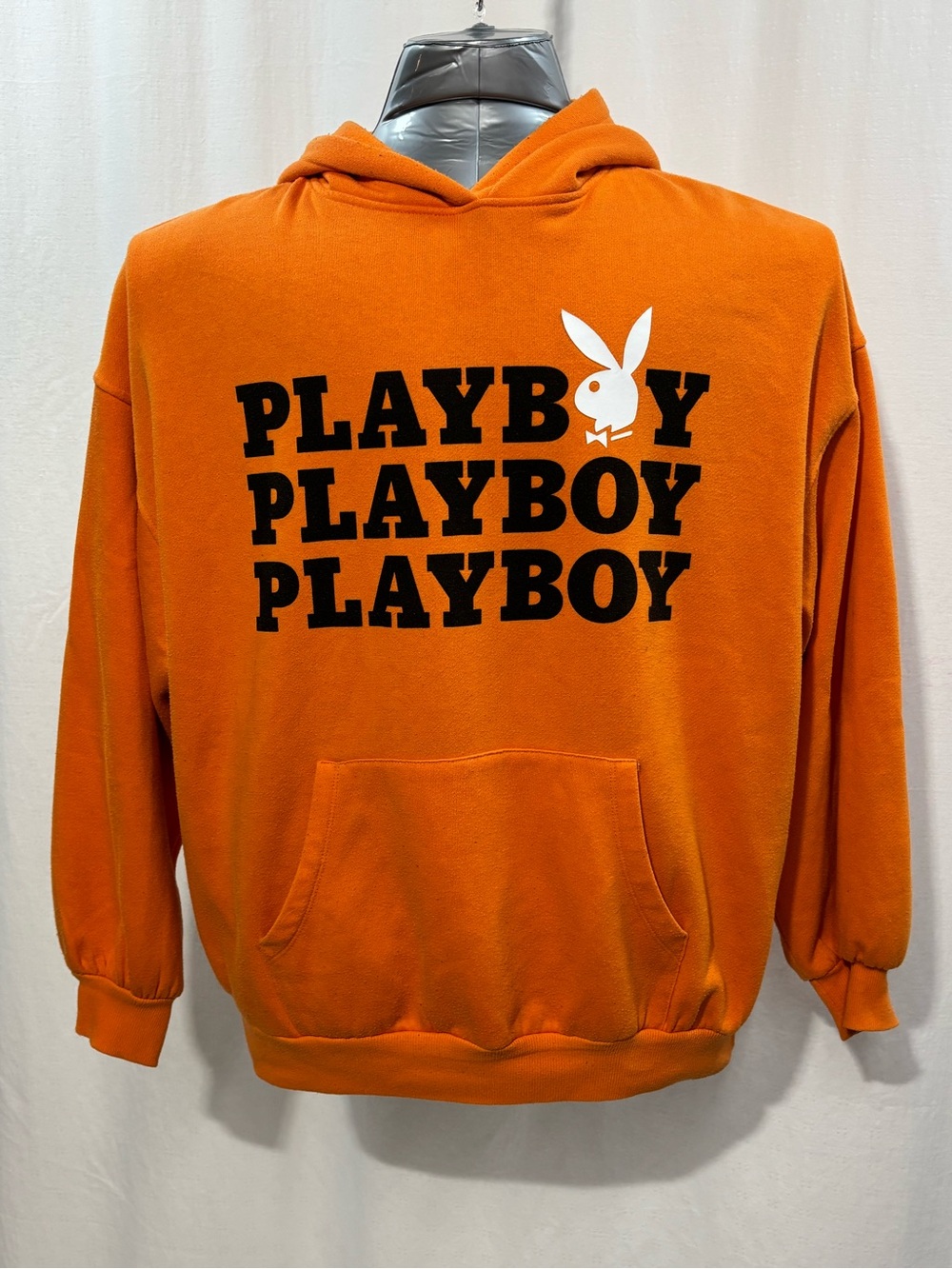 PLAYBOY Orange Crewneck Hoodie with Black Stacked Logo Small kangaroo pocket 370